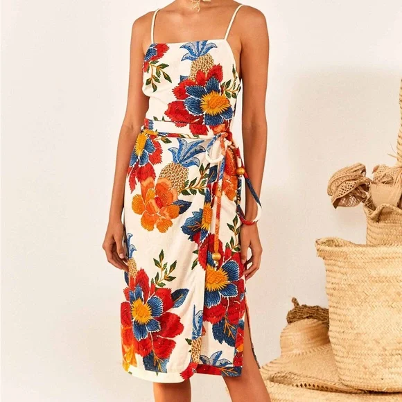FARM Rio Pineapple Flowers Viscose Square Neck Tied Waist Colorful Midi Dress - Picture 1 of 4